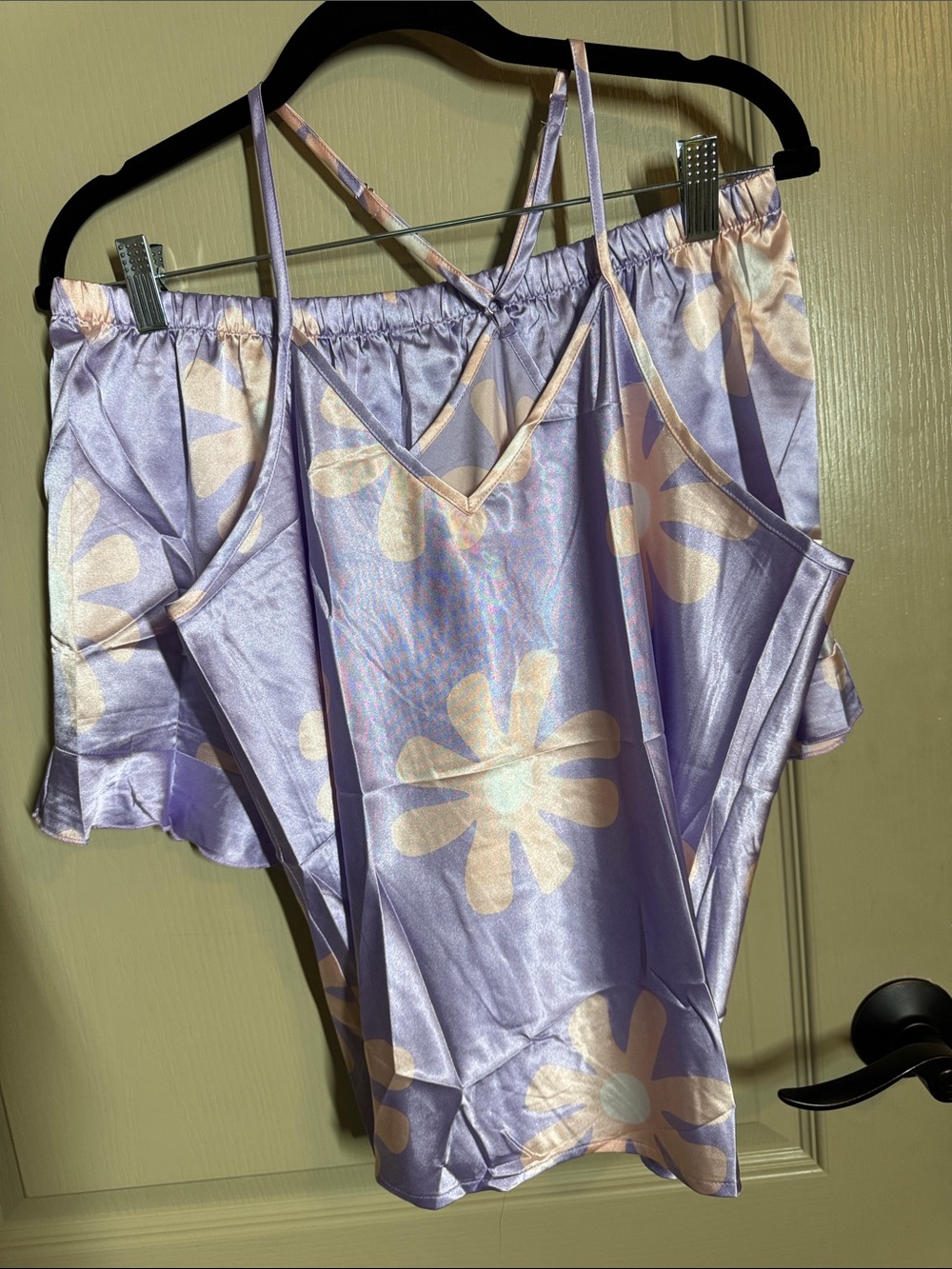 Lavender Floral Satin Cami and Shorts Set - Women Intimates & Sleepwear Size L
